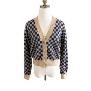 J. Crew Tan/Navy Checker Board Cropped Cardigan Sz S Button Up V-Neck Wool Blend